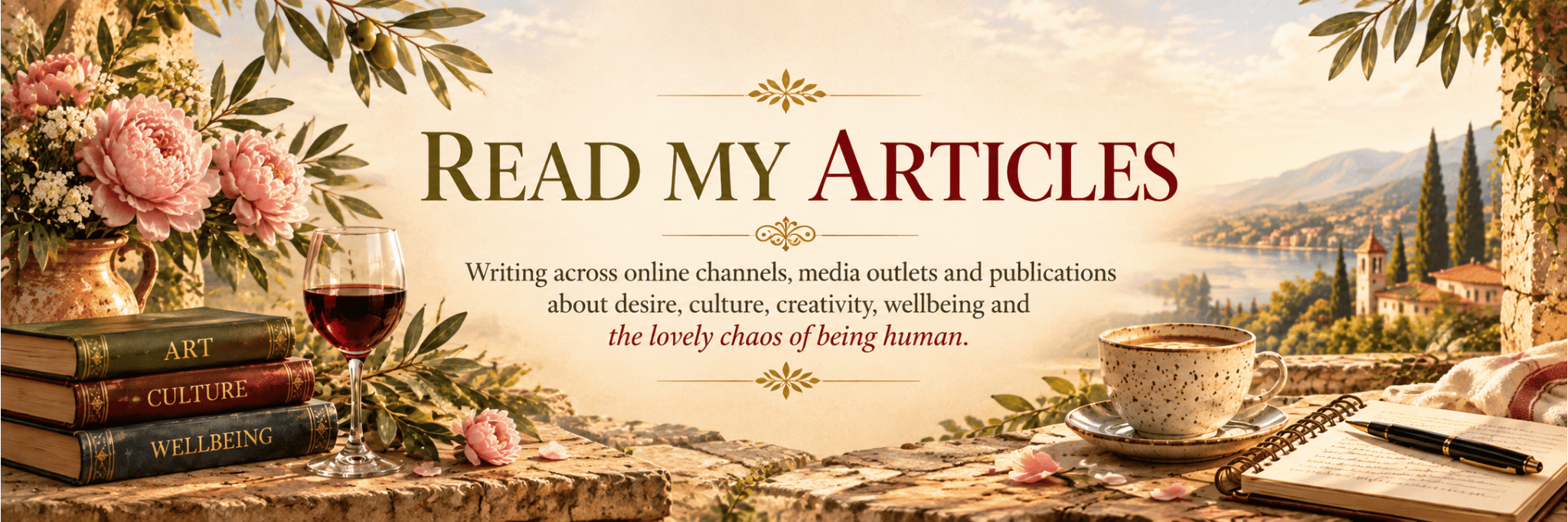 Read My Articles banner for Jenifer Vogt featuring books, pink flowers, red wine, coffee and a writing journal against an Italian landscape.