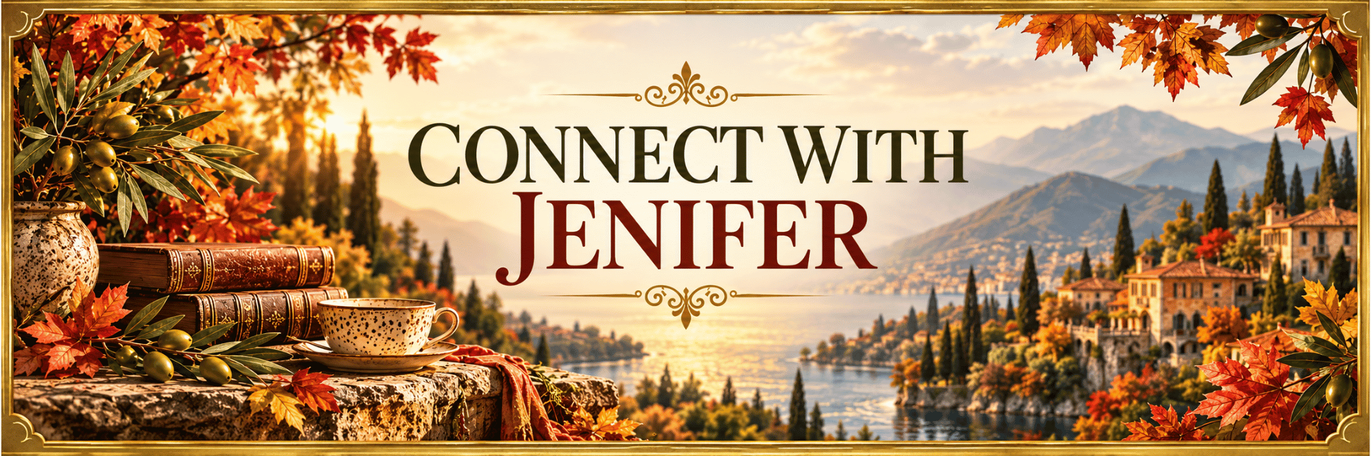 Connect With Jenifer banner with elegant typography over an autumn Italian lakeside landscape, framed in gold and decorated with olive branches, autumn leaves, antique books and a tea cup.