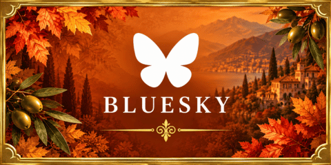 Bluesky tile with white butterfly logo and lettering on a warm orange background with an Italian lakeside village, olive branches and autumn leaves.