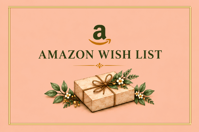 Amazon Wish List card featuring the Amazon logo and a watercolor gift parcel decorated with an olive sprig.