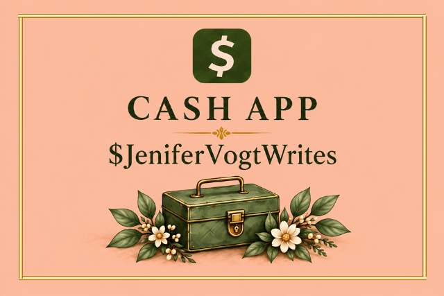 Cash App support card featuring the Cash App logo, Jenifer Vogt’s handle and a vintage watercolor cash box.