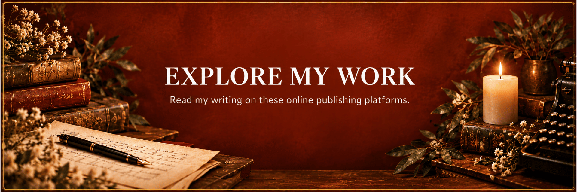Explore My Work banner featuring manuscript pages, a fountain pen, antique books and a vintage typewriter.