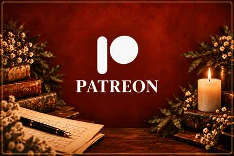 Patreon graphic with white logo and lettering on a rich brick-red literary background with antique books, manuscript pages, foliage and candlelight.