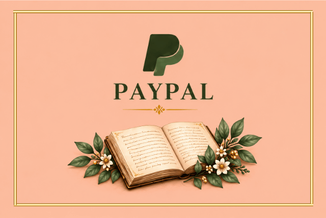 PayPal payment card featuring the PayPal logo and an open vintage accounting ledger.