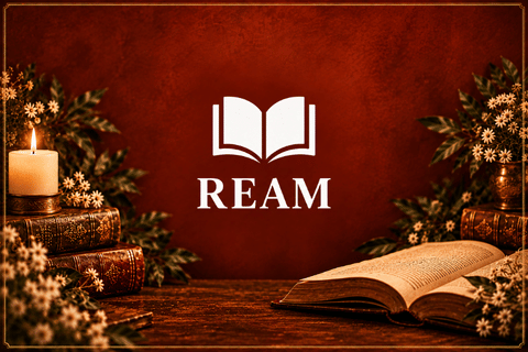 Ream graphic with white book logo and lettering on a rich brick-red background with antique books, foliage, flowers, candlelight and an open book.