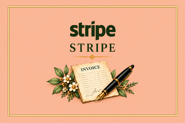 Stripe payment card featuring the Stripe logo, an illustrated invoice and a black fountain pen.