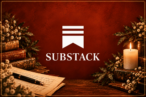 Substack graphic with white logo and lettering on a rich brick-red background with antique books, manuscript pages, a fountain pen, flowers, foliage and candlelight.
