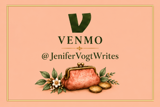 Venmo support card featuring the Venmo logo, Jenifer Vogt’s handle and a watercolor coin purse.