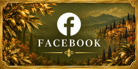 Facebook tile with white logo and lettering on an olive green background with Italian lakeside scenery, olive branches and autumn foliage.