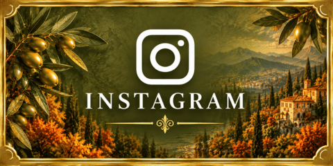 Instagram tile with white logo and lettering on an olive green background with Italian mountain scenery, olive branches and autumn foliage.