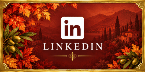 LinkedIn tile with white logo and lettering on a rich autumn red background with Italian landscape scenery, olive branches, autumn leaves and gold trim.
