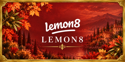 Lemon8 tile with white logo and lettering on a deep autumn red background with Italian lakeside scenery, olive branches and fall leaves.