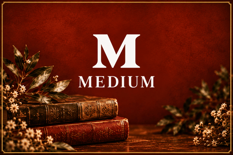 Medium graphic with white logo and lettering on a rich brick-red background with antique books, flowers and leafy branches.