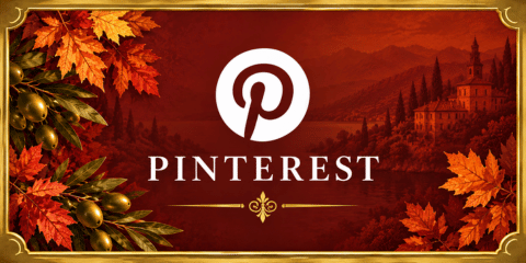 Pinterest tile with white logo and lettering on a deep red background with Italian lakeside scenery, olive branches and autumn leaves.