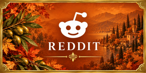 Reddit tile with white logo and lettering on a warm burnt-orange background with Italian lakeside scenery, olive branches and autumn leaves.