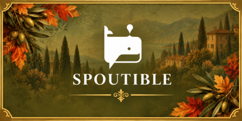 Spoutible tile with white logo and lettering on an olive green autumn background with Italian lakeside scenery, cypress trees, olive branches and fall leaves.