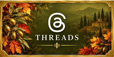 Threads tile with white logo and lettering on an olive green background with Italian hillside scenery, olive branches and autumn leaves.