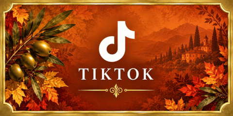 TikTok tile with white logo and lettering on a warm orange autumn background with Italian lakeside scenery, olive branches and fall leaves.