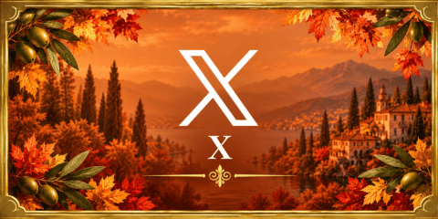 X tile with white logo and lettering on a warm copper-orange background with Italian mountain scenery, autumn leaves and olive branches.