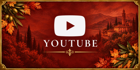 YouTube tile with white play-button logo and lettering on a deep autumn red background with Italian village scenery and fall foliage.