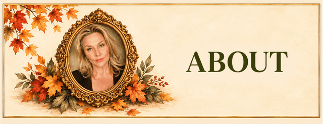 Vintage-style About card featuring an ornate oval portrait of Jenifer Vogt surrounded by autumn leaves on a warm ivory background.