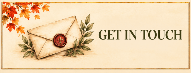Vintage-style Get in Touch navigation card featuring a sealed envelope with a wax seal and olive branch on a warm ivory background.