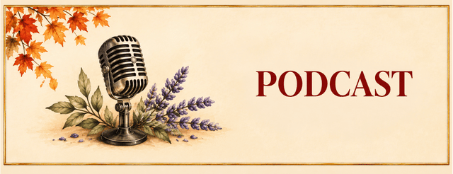 Vintage-style Podcast navigation card featuring a classic broadcast microphone and lavender on a warm ivory background.