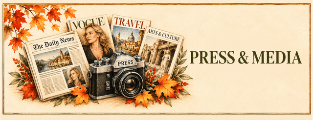 Vintage camera and magazine with autumn leaves and the heading Press & Media on a warm parchment background.