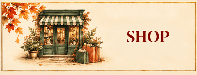 Vintage watercolor storefront with shopping bags on a warm ivory background.