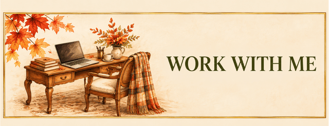 Antique writing desk with papers, fountain pen and inkwell in a vintage watercolor style.