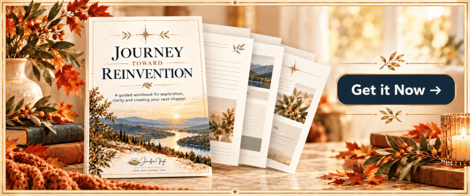 Journey Toward Reinvention workbook by Jenifer Vogt, featuring an autumn-themed display and Get it Now button.
